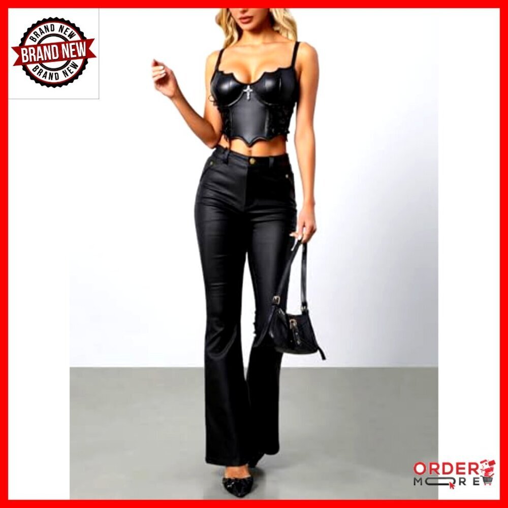 Goth Lace Up Leather Camisole Top Deep V Neck Asymmetrical Crop Corset - Picture 5 of 5